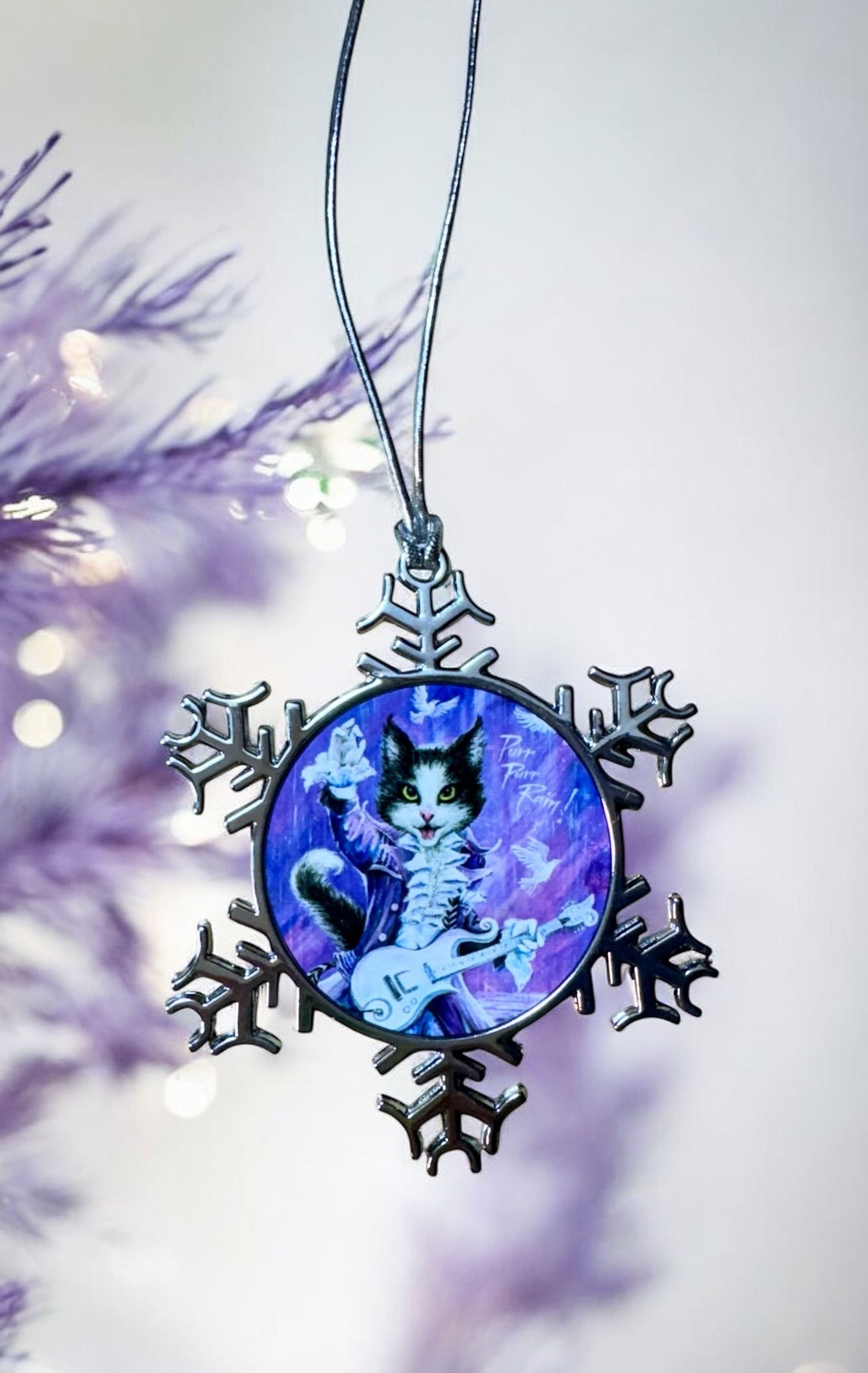 ORNAMENT 3"x 3" Silver Snowflake "Purr Purr Rain!"