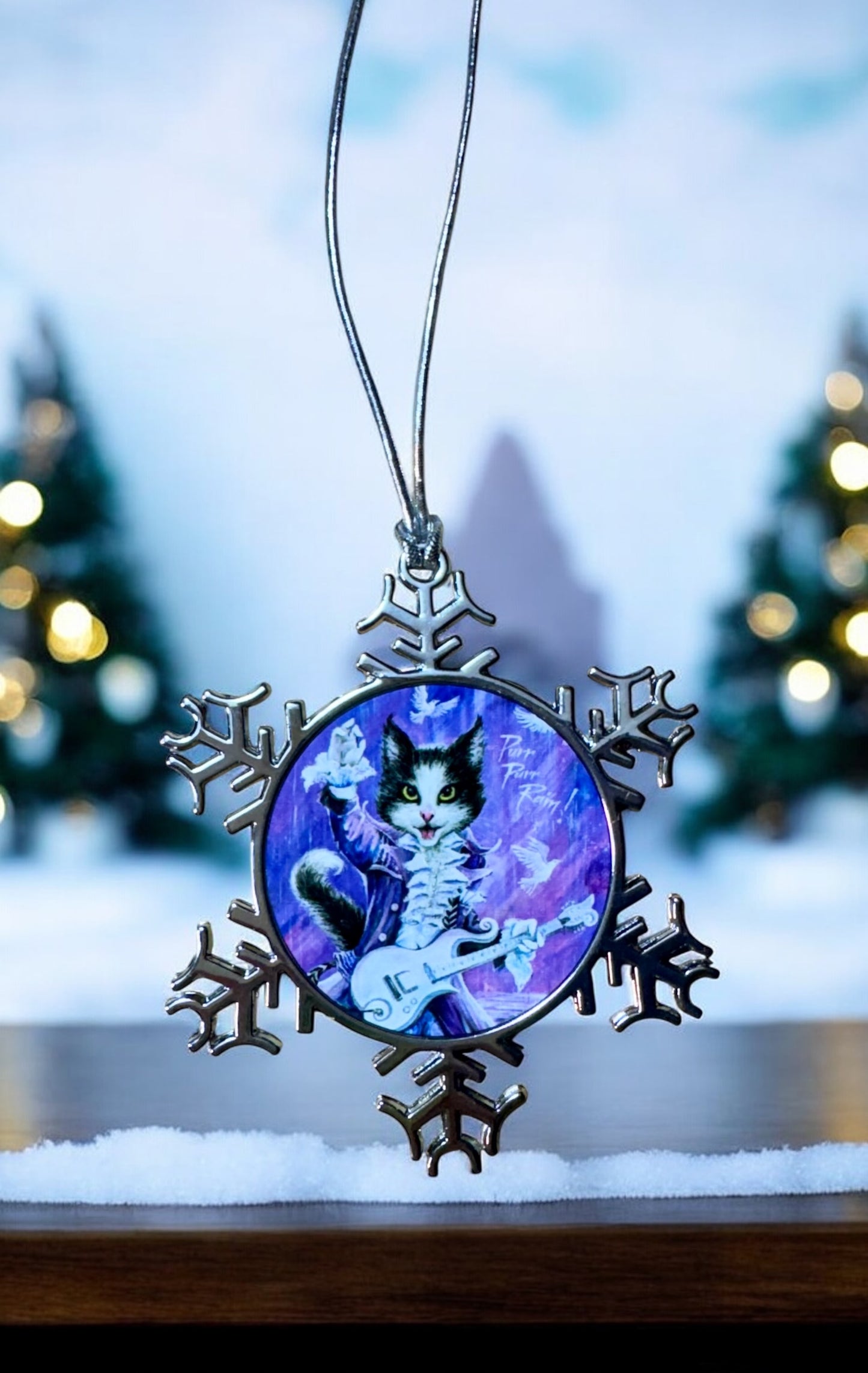 ORNAMENT 3"x 3" Silver Snowflake "Purr Purr Rain!"
