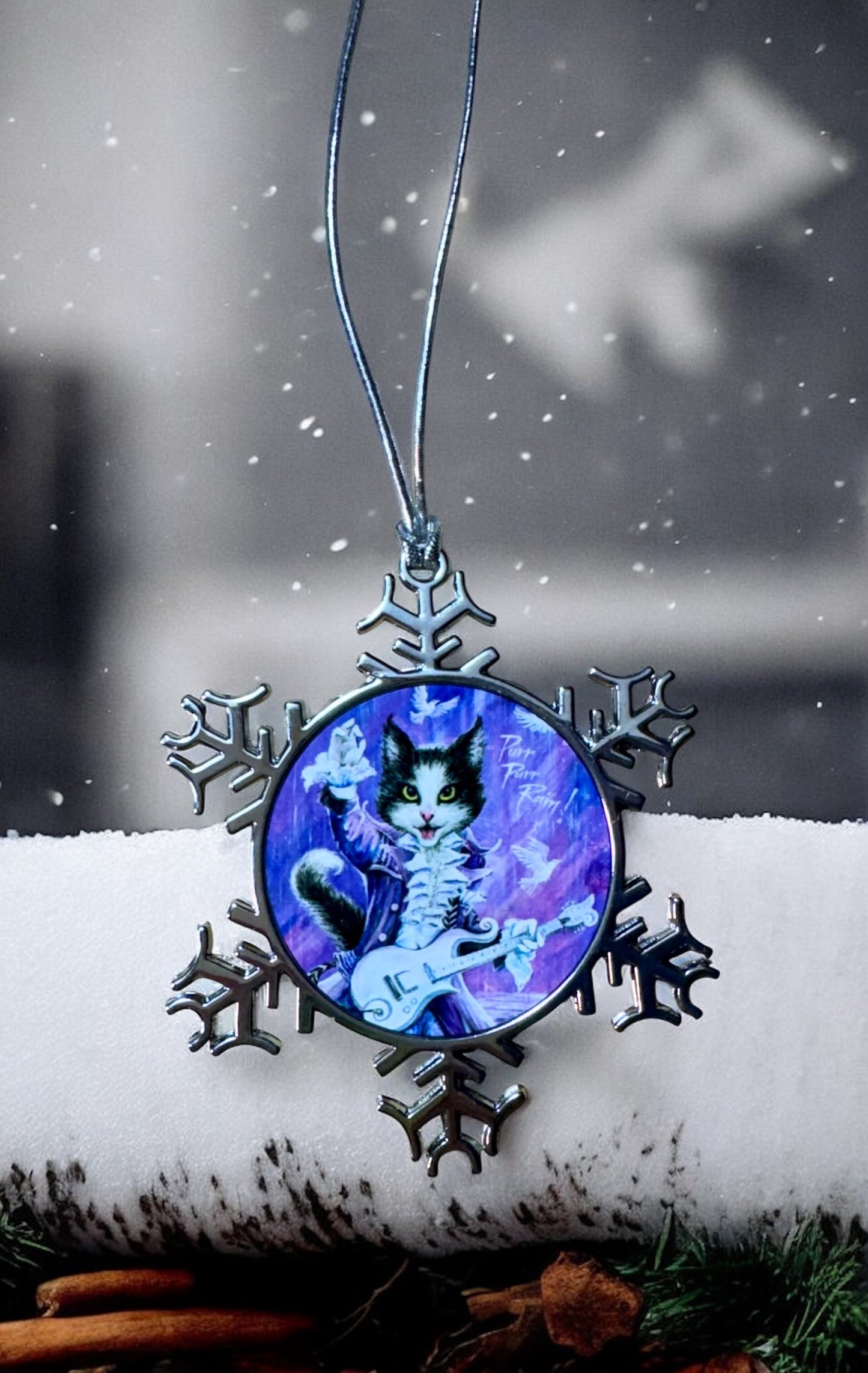 ORNAMENT 3"x 3" Silver Snowflake "Purr Purr Rain!"