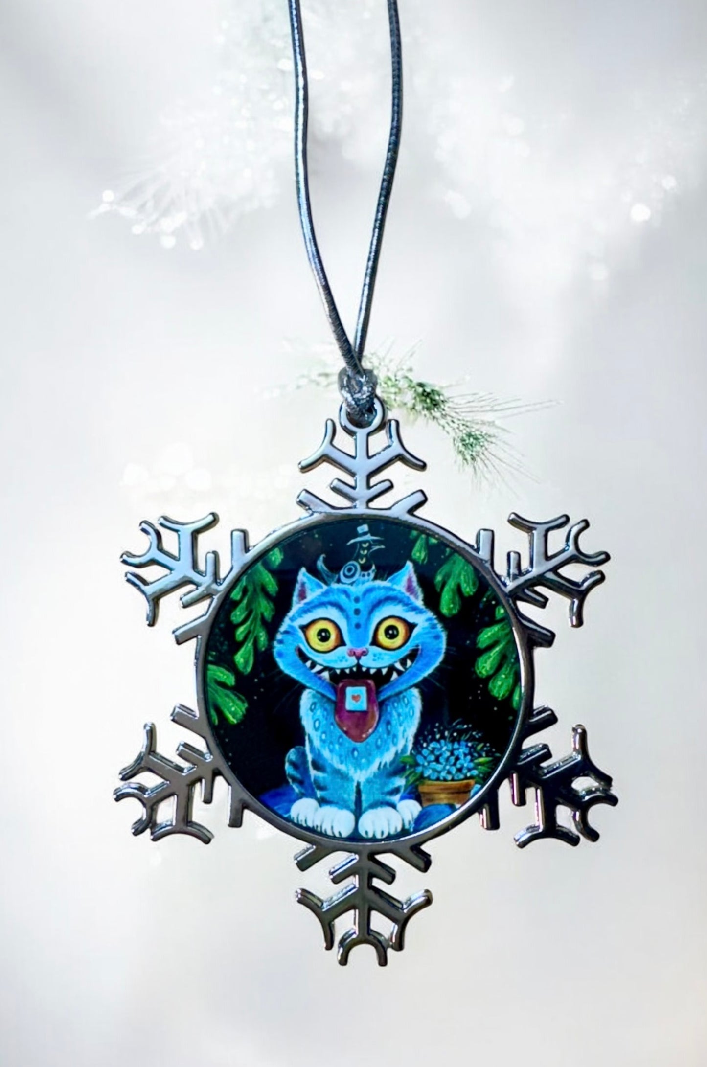 ORNAMENT 3"x 3" Silver Snowflake "Derpy Cat"