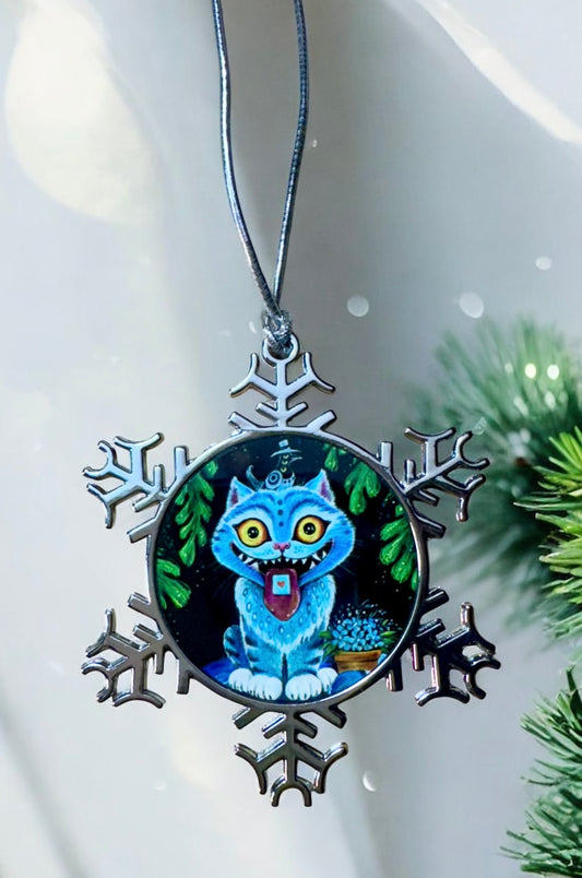 ORNAMENT 3"x 3" Silver Snowflake "Derpy Cat"