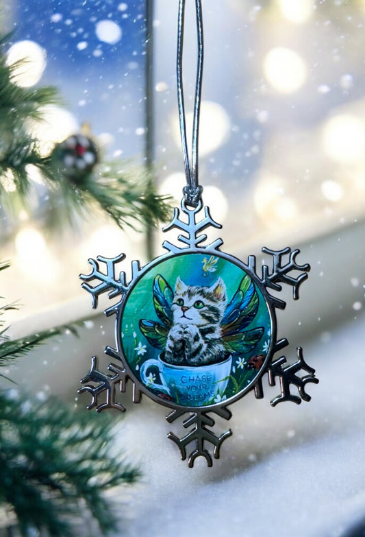 ORNAMENT 3"x 3" Silver Snowflake "Chaise Your Dreams!"