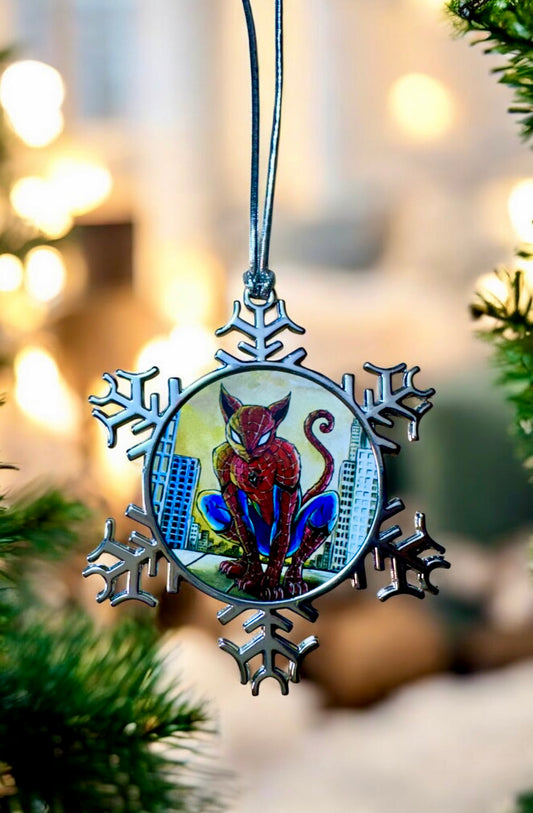 ORNAMENT 3"x 3" Silver Snowflake "Spider Cat"