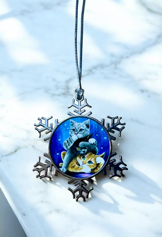 ORNAMENT 3"x 3" Silver Snowflake "Three Wise kitties"