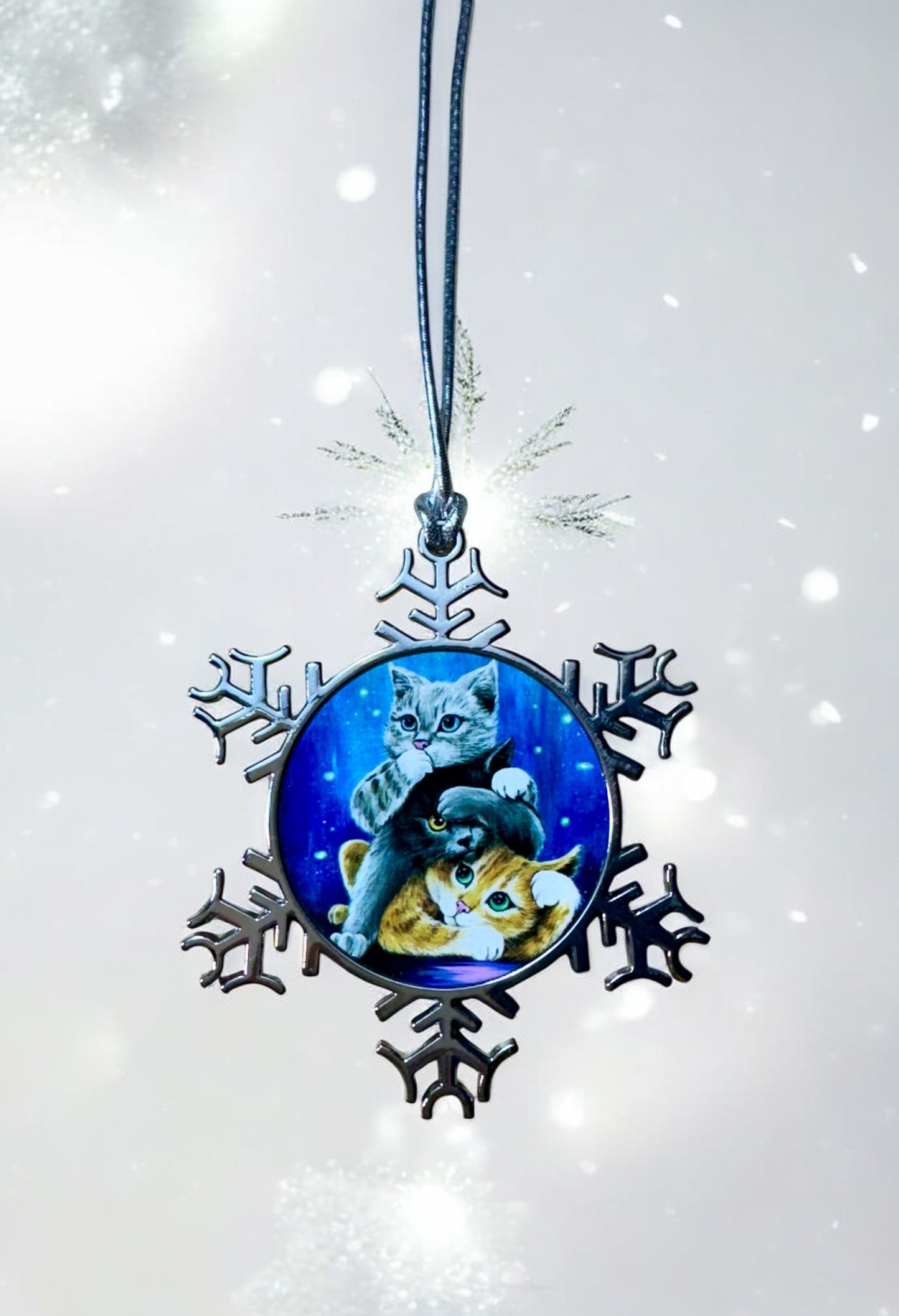 ORNAMENT 3"x 3" Silver Snowflake "Three Wise kitties"