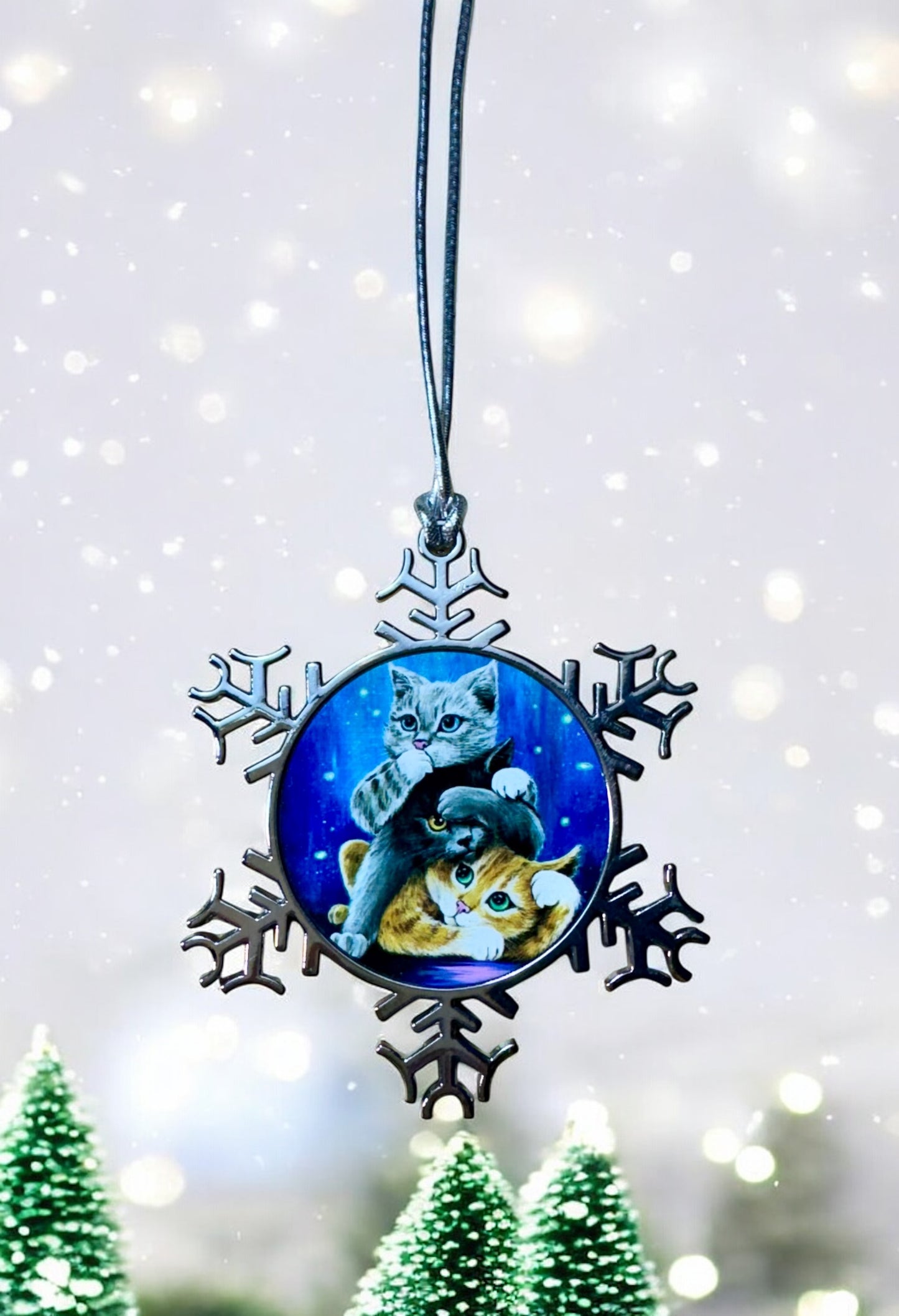ORNAMENT 3"x 3" Silver Snowflake "Three Wise kitties"