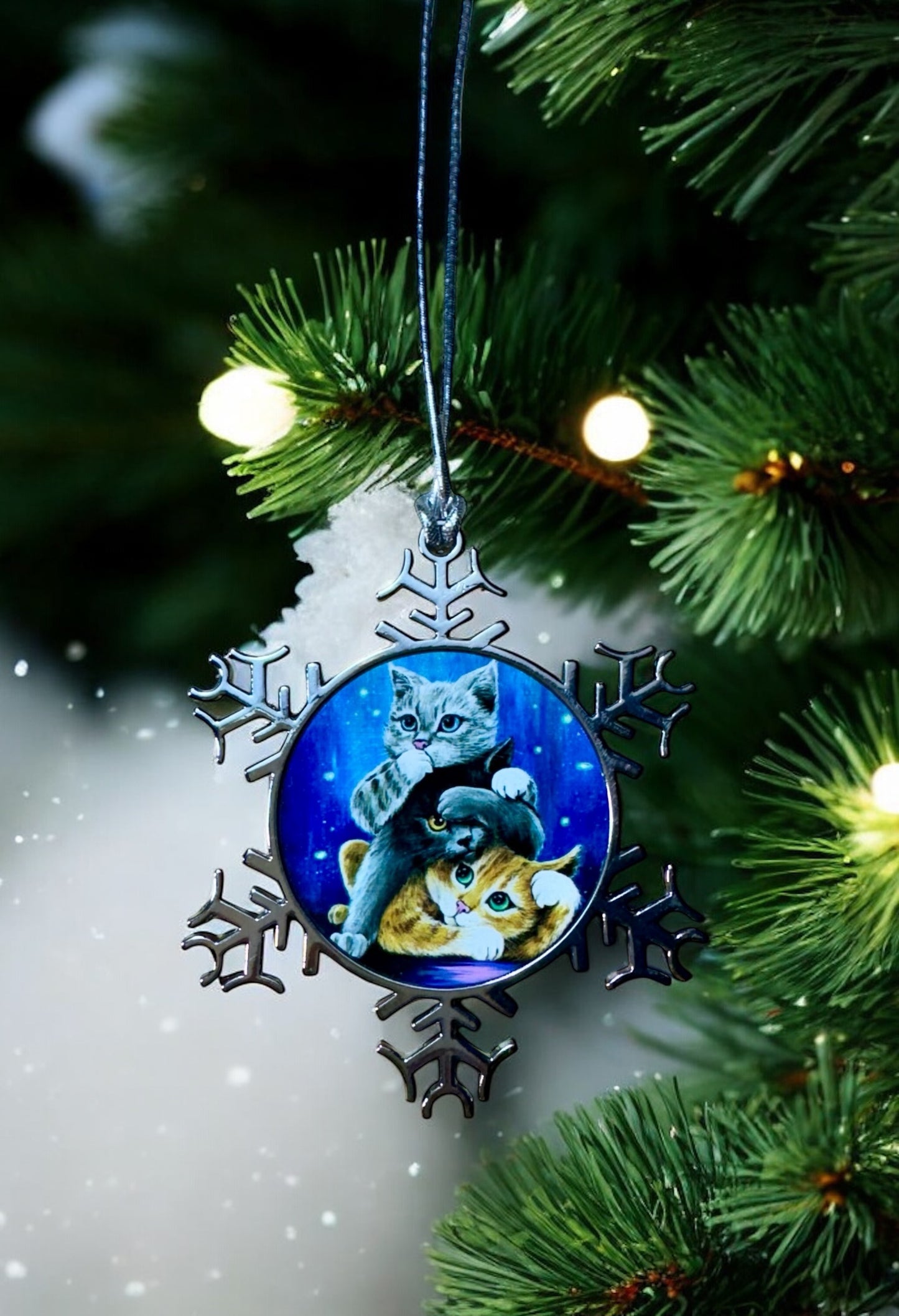 ORNAMENT 3"x 3" Silver Snowflake "Three Wise kitties"