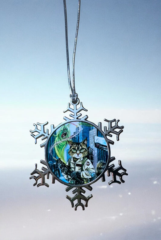 ORNAMENT 3"x 3" Silver Snowflake "Ghostbuster Cat"