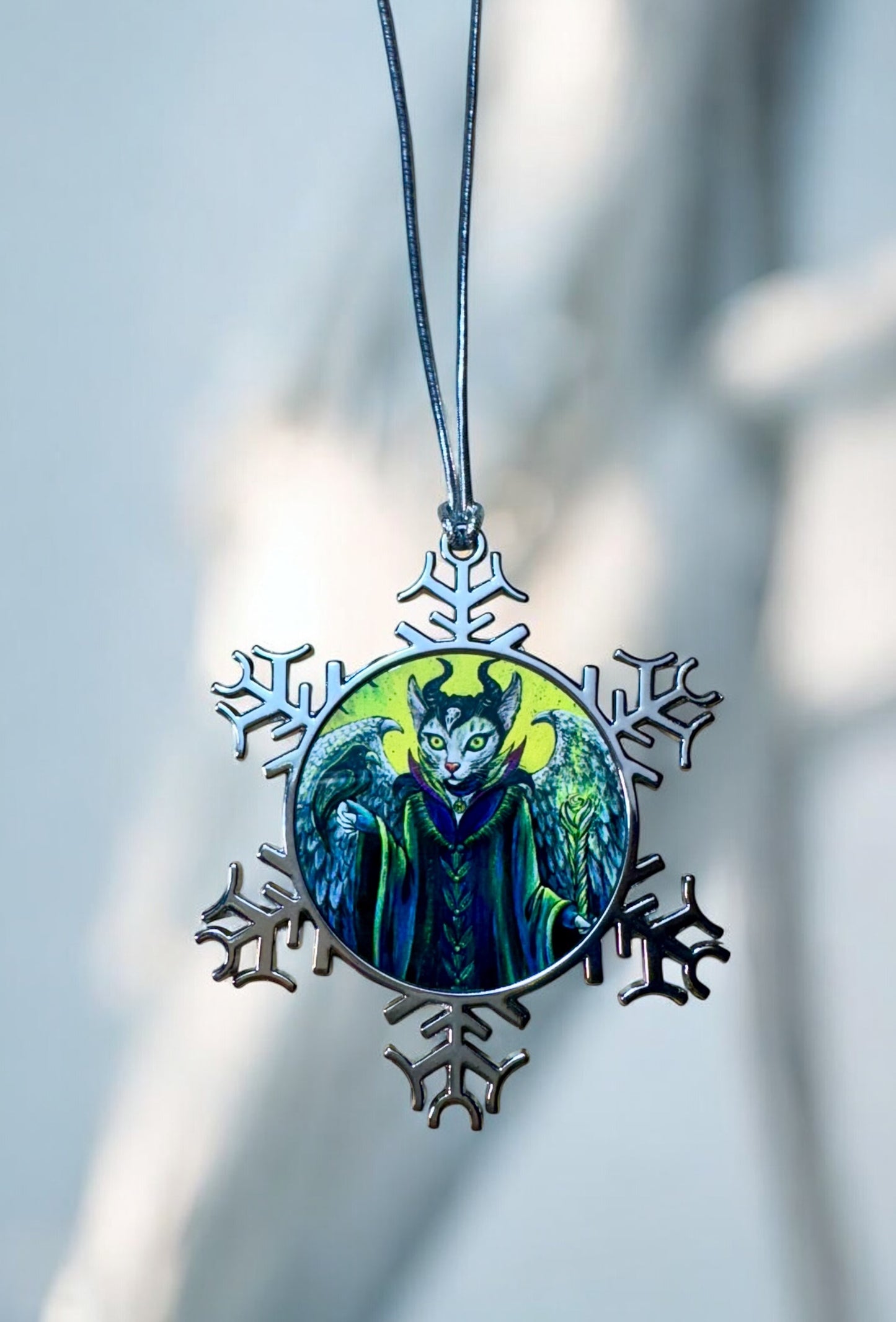 ORNAMENT 3"x 3" Silver Snowflake "Meowlificent"