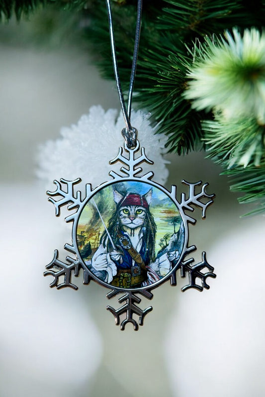 ORNAMENT 3"x 3" Silver Snowflake "Cat Sparrow" (Image on both sides)