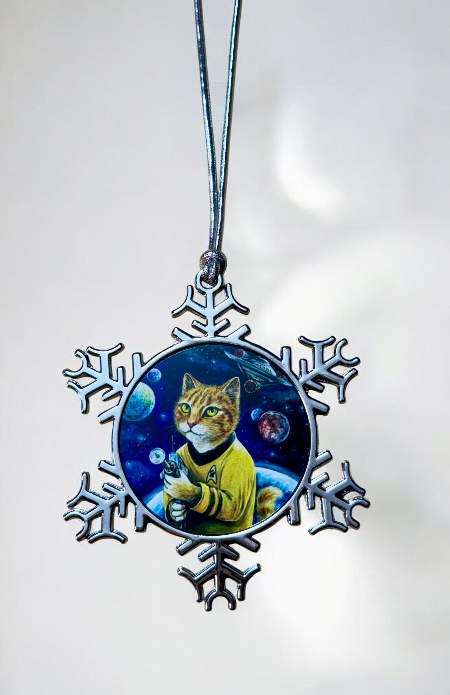 ORNAMENT 3"x 3" Silver Snowflake "Cattain Purrk" (Image on both sides)