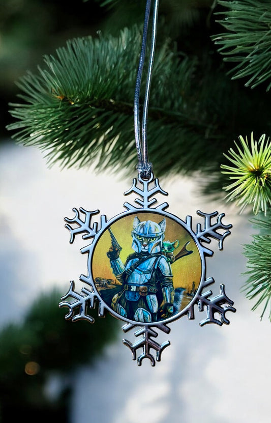 ORNAMENT 3"x 3" Silver Snowflake "Meowdalorian" (Image on both sides)