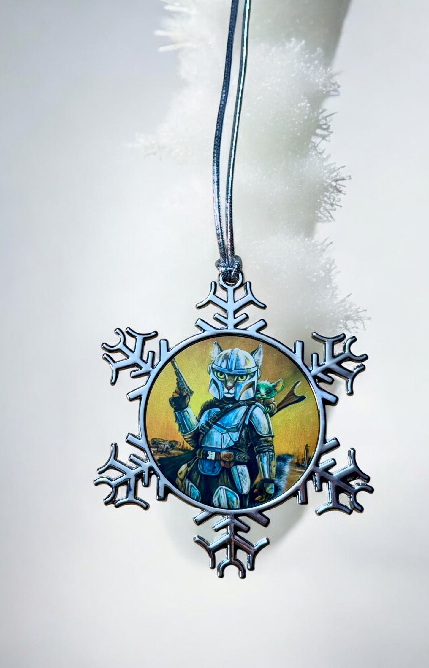 ORNAMENT 3"x 3" Silver Snowflake "Meowdalorian" (Image on both sides)