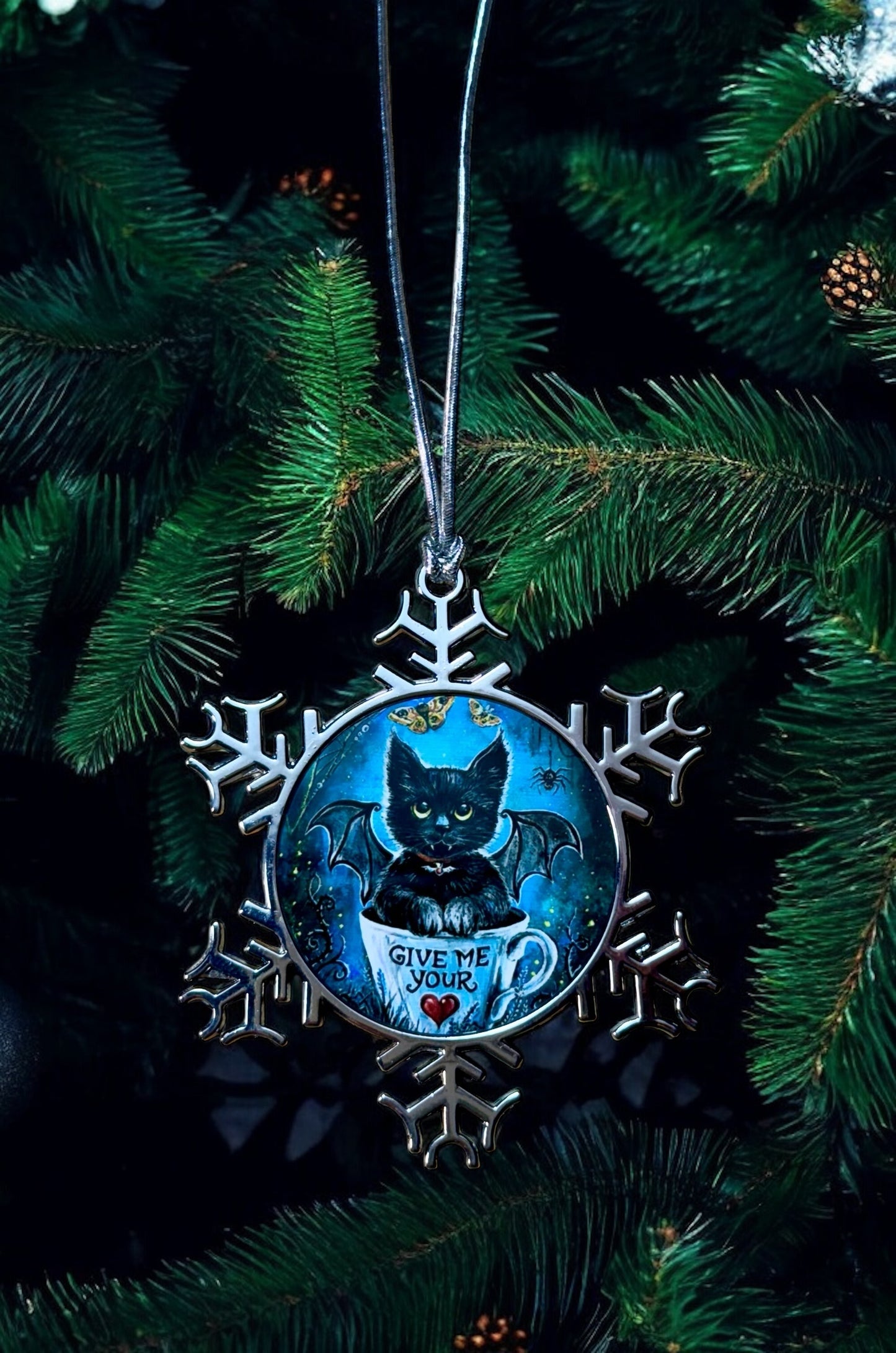 ORNAMENT 3"x 3" Silver Snowflake "Give Me Your Heart!" (Image on both sides)