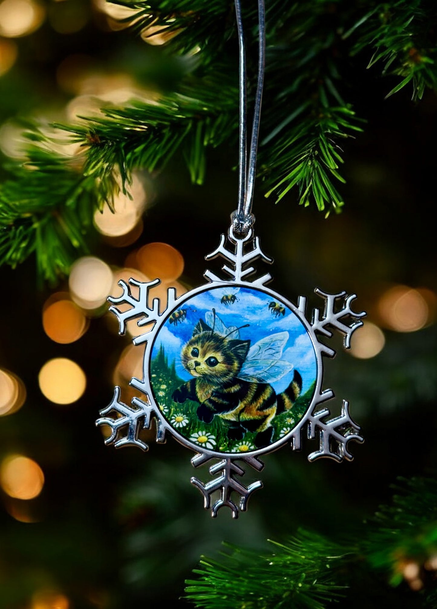 ORNAMENT 3"x 3" Silver Snowflake "Kitty Bee" (Image on both sides)