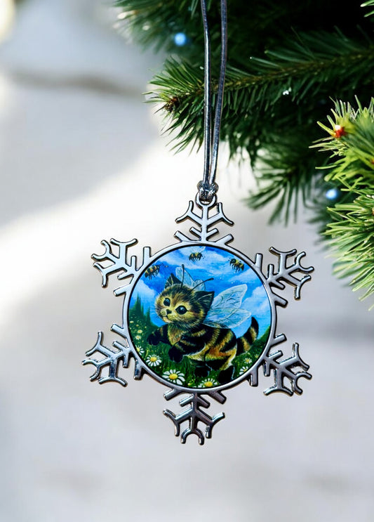 ORNAMENT 3"x 3" Silver Snowflake "Kitty Bee" (Image on both sides)