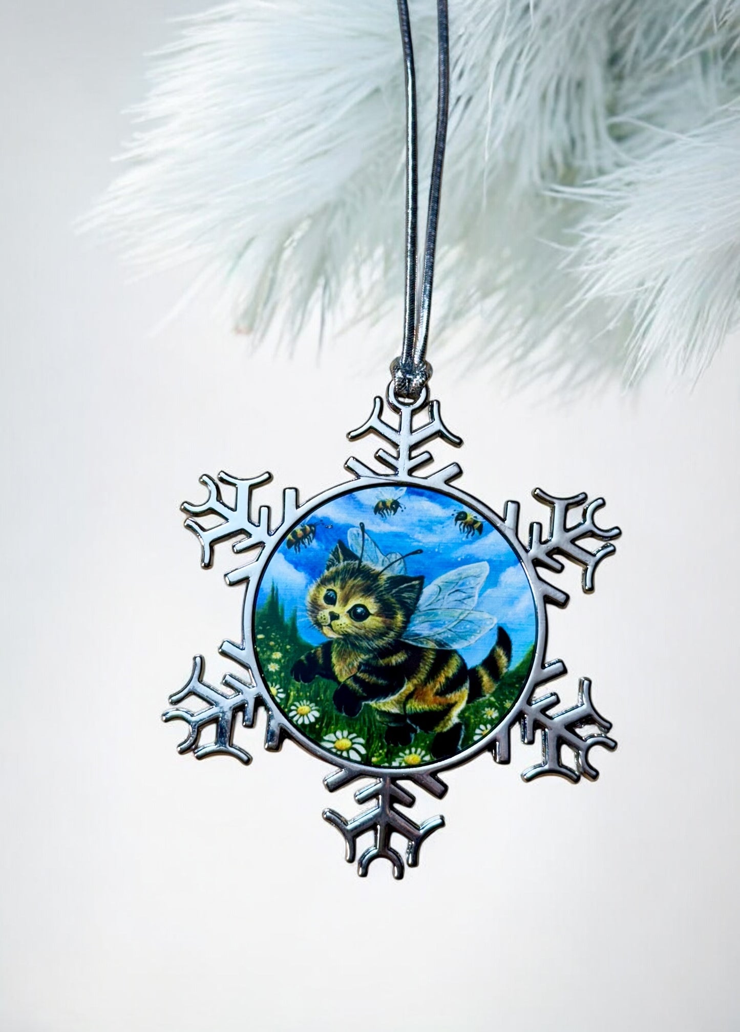 ORNAMENT 3"x 3" Silver Snowflake "Kitty Bee" (Image on both sides)