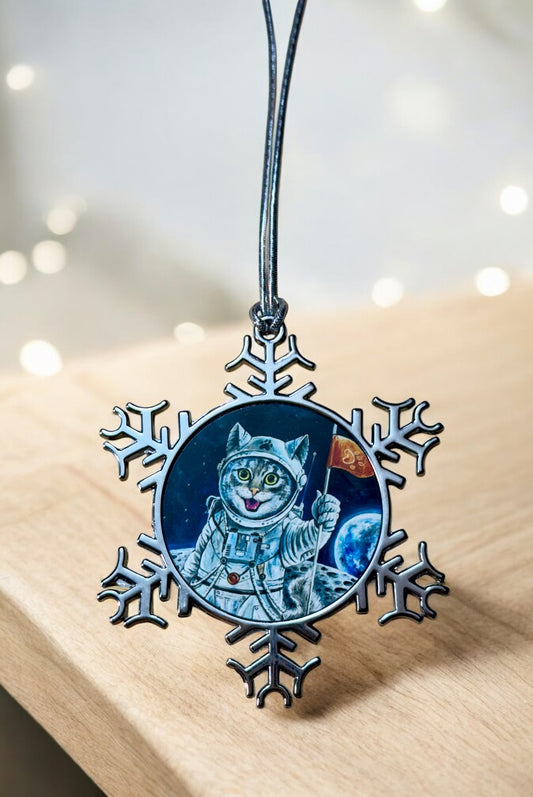 ORNAMENT 3"x 3" Silver Snowflake "First Cat on the Moon" (Image on both sides)