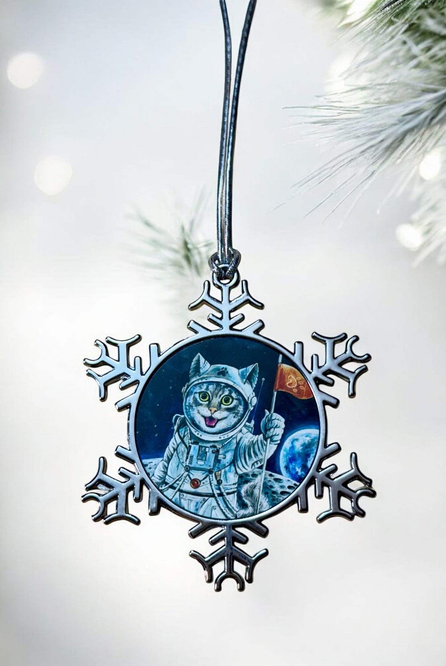ORNAMENT 3"x 3" Silver Snowflake "First Cat on the Moon" (Image on both sides)
