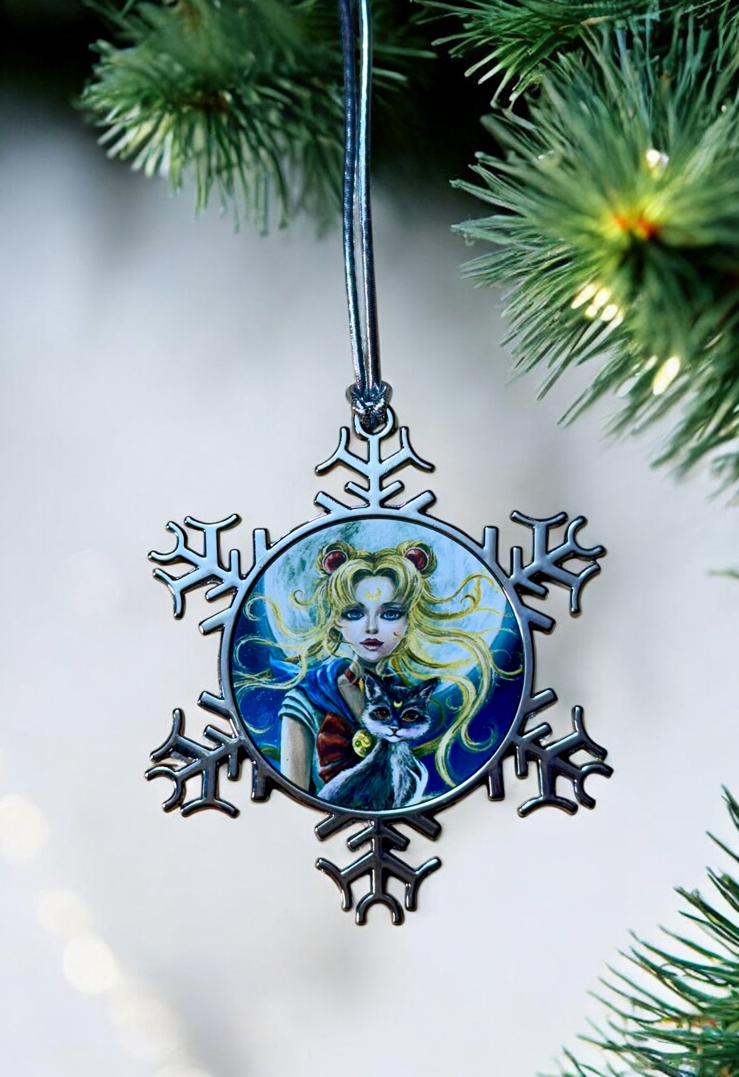 ORNAMENT 3"x 3" Silver Snowflake "Sailor Moon and Luna" (Image on both sides)