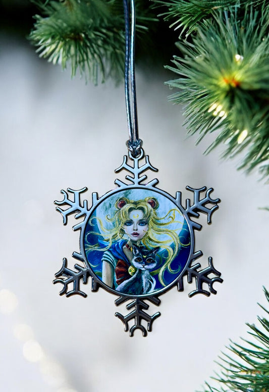 ORNAMENT 3"x 3" Silver Snowflake "Sailor Moon and Luna" (Image on both sides)