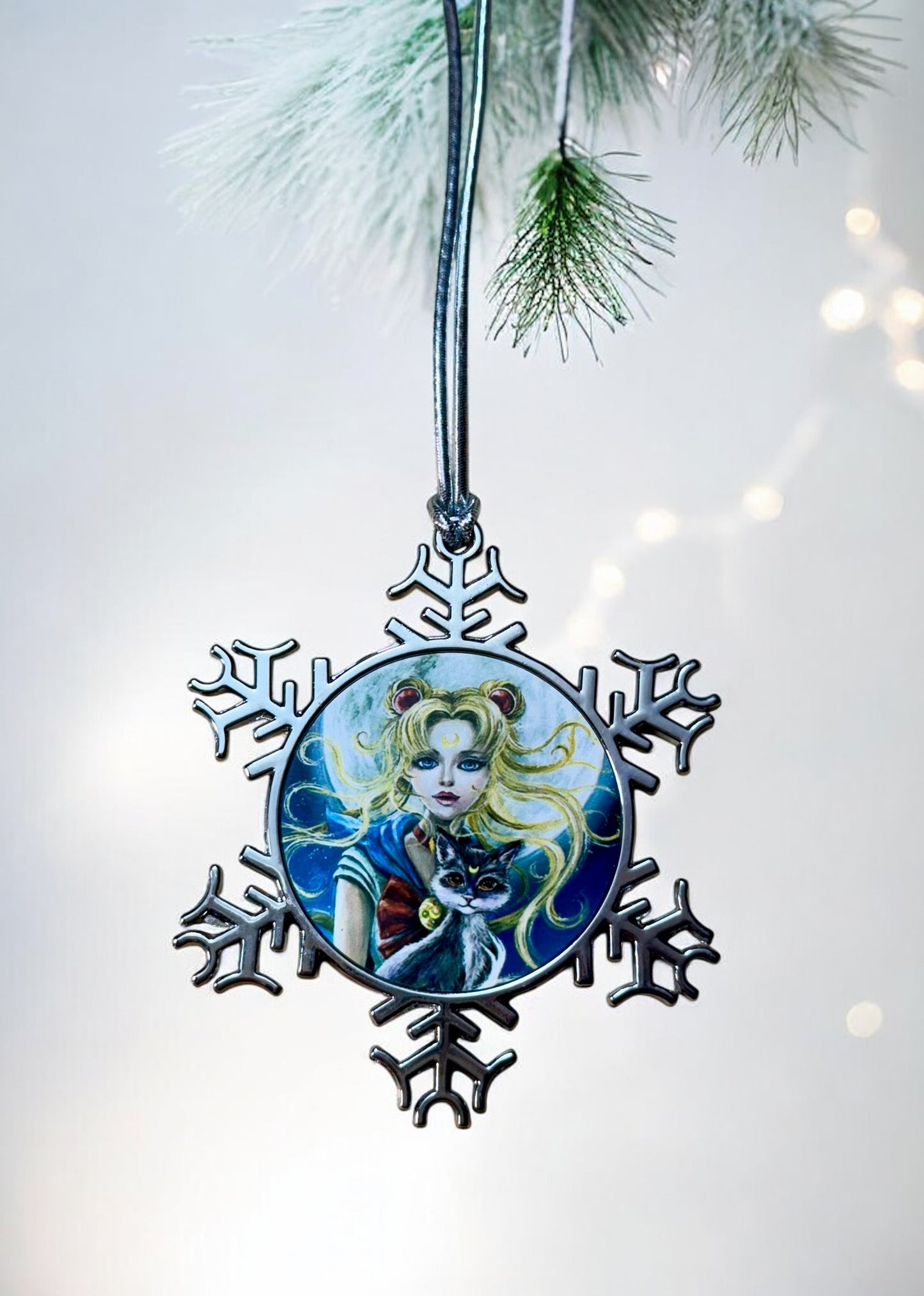 ORNAMENT 3"x 3" Silver Snowflake "Sailor Moon and Luna" (Image on both sides)