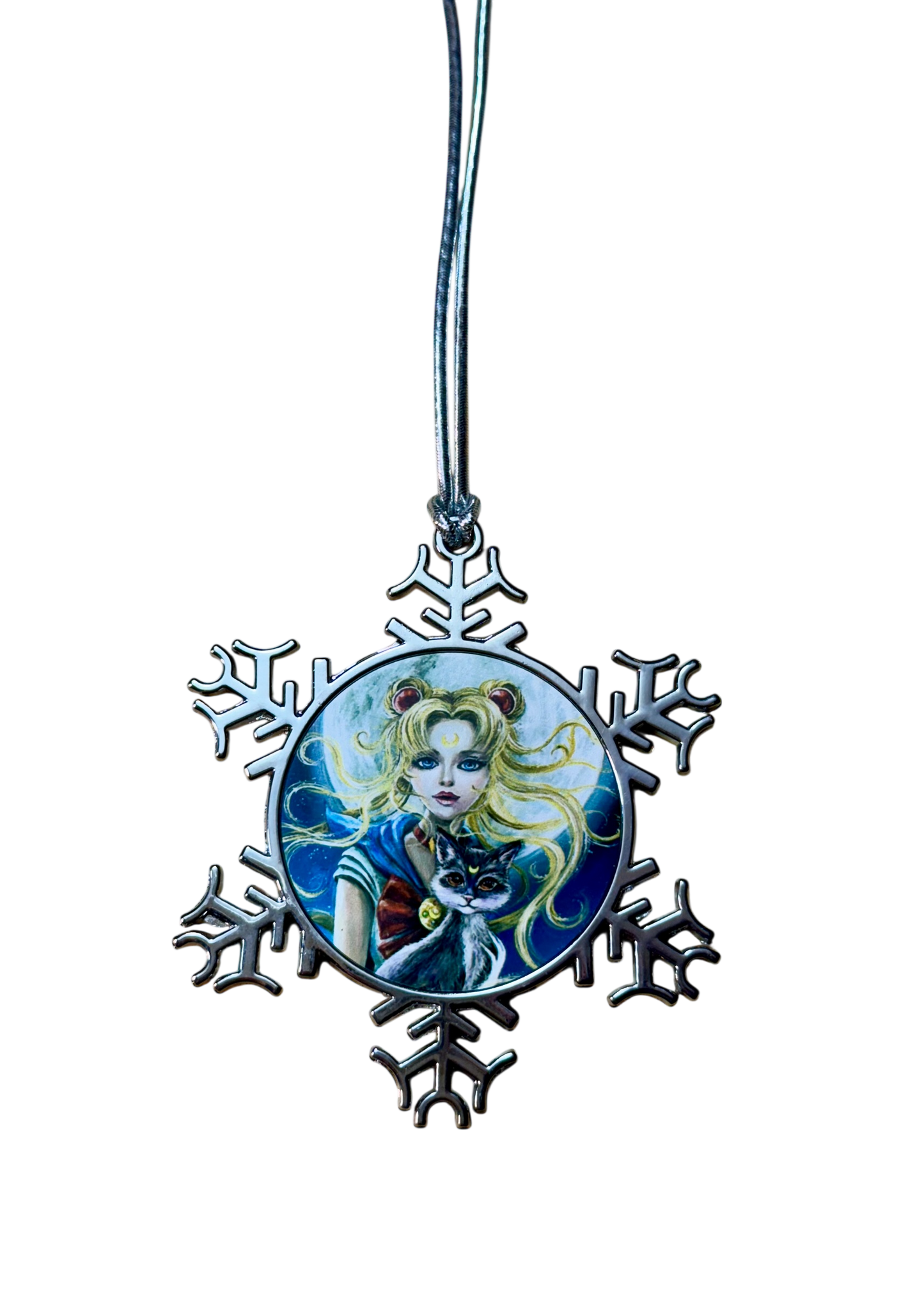 ORNAMENT 3"x 3" Silver Snowflake "Sailor Moon and Luna" (Image on both sides)