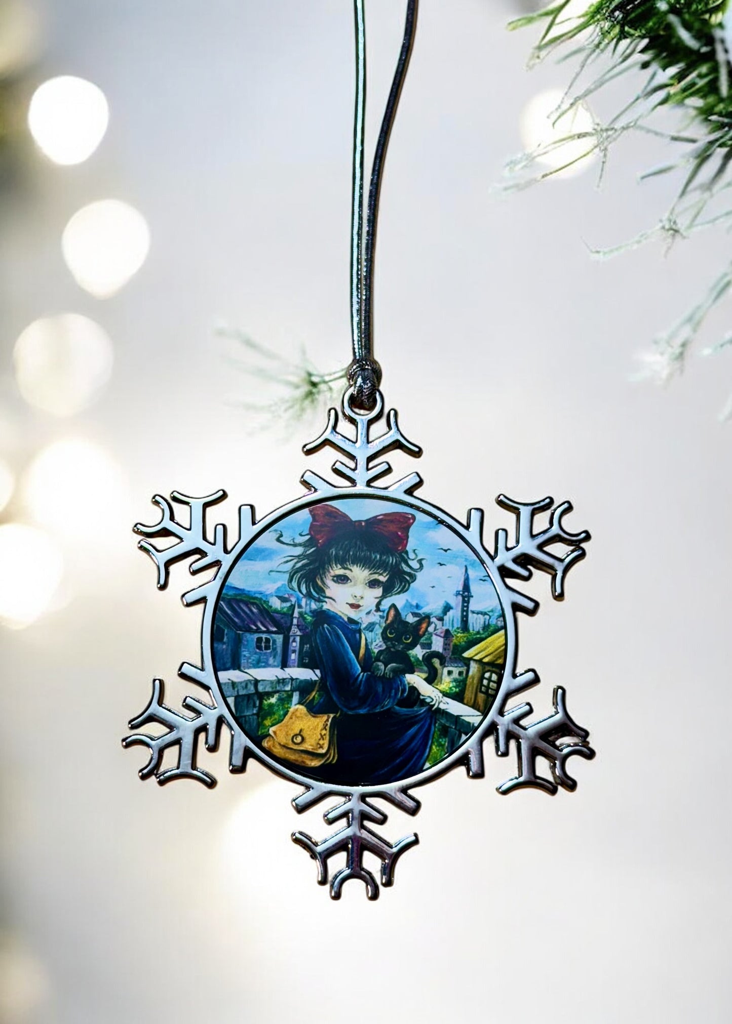 ORNAMENT 3"x 3" Silver Snowflake "Kiki and Jiji" (Image on both sides)