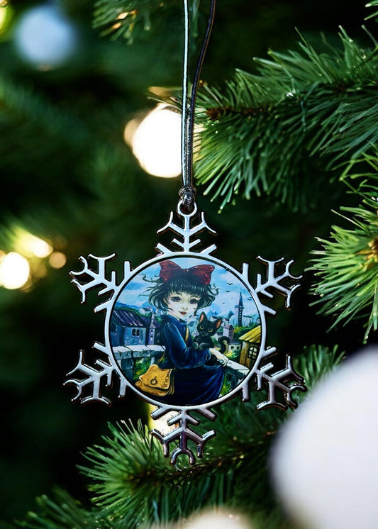 ORNAMENT 3"x 3" Silver Snowflake "Kiki and Jiji" (Image on both sides)