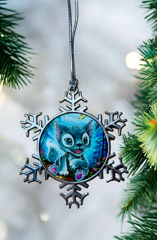 ORNAMENT 3"x 3" Silver Snowflake "Kitty Stitch" (Image on both sides)