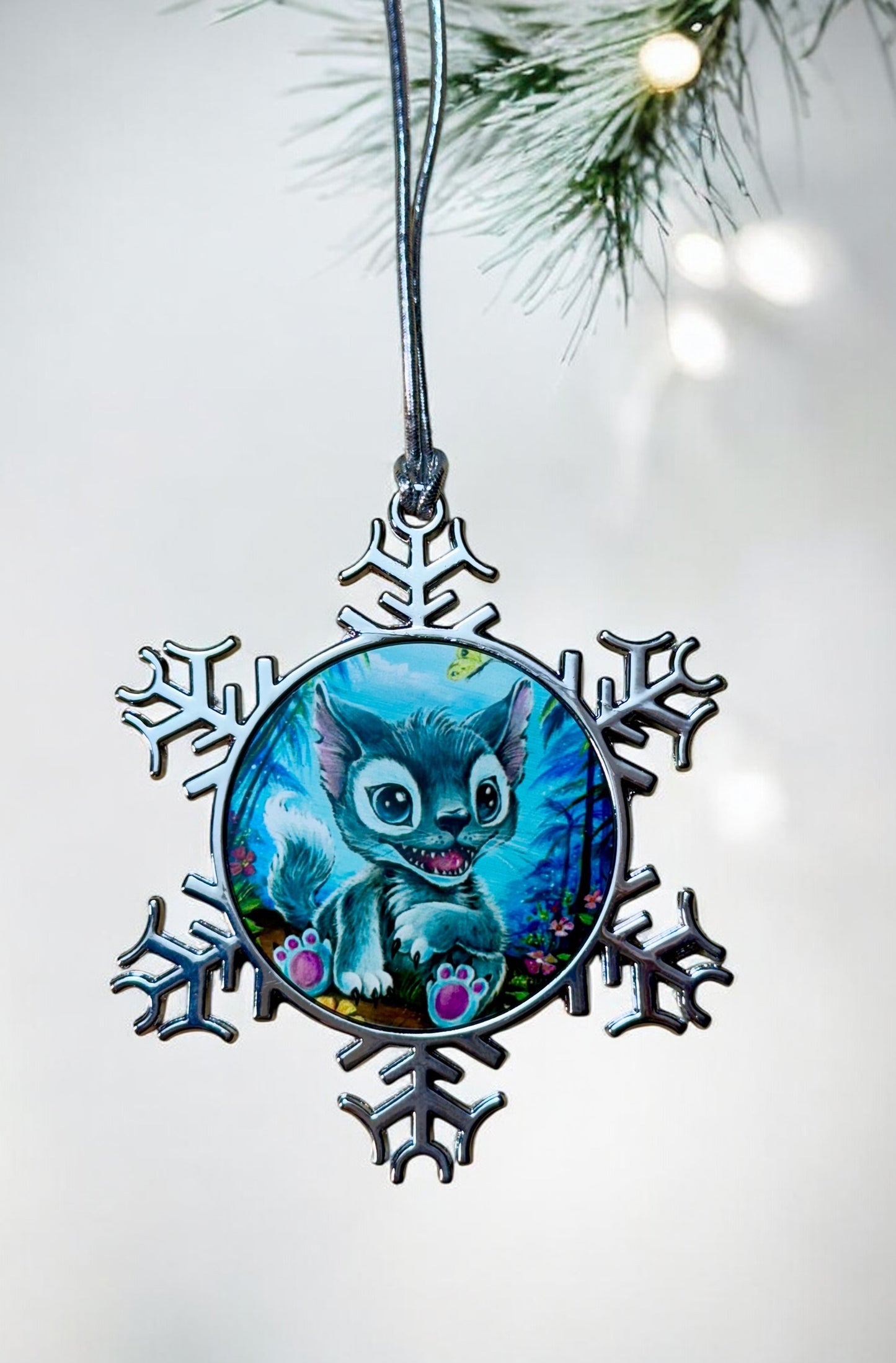 ORNAMENT 3"x 3" Silver Snowflake "Kitty Stitch" (Image on both sides)