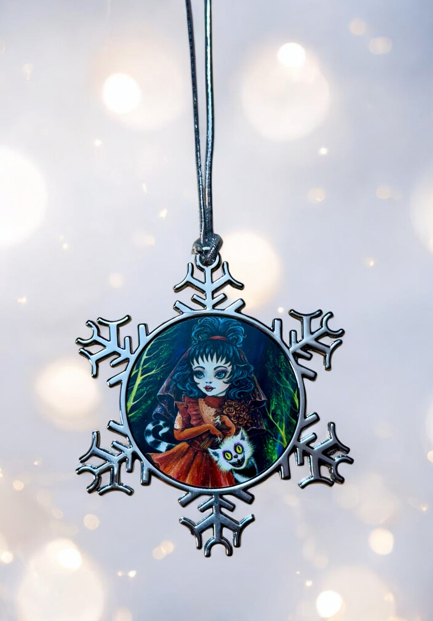 ORNAMENT 3"x 3" Silver Snowflake "Lydia and Her Beetle Kitty" (Image on both sides)