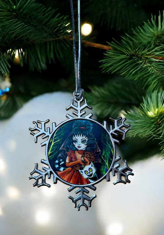 ORNAMENT 3"x 3" Silver Snowflake "Lydia and Her Beetle Kitty" (Image on both sides)