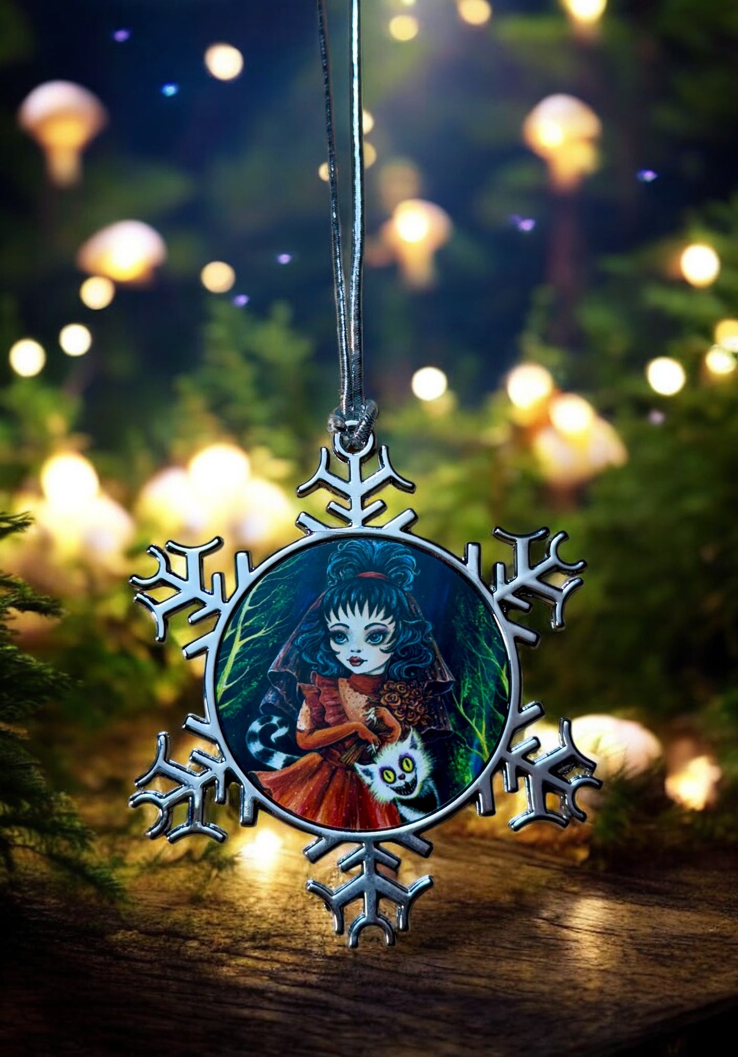 ORNAMENT 3"x 3" Silver Snowflake "Lydia and Her Beetle Kitty" (Image on both sides)