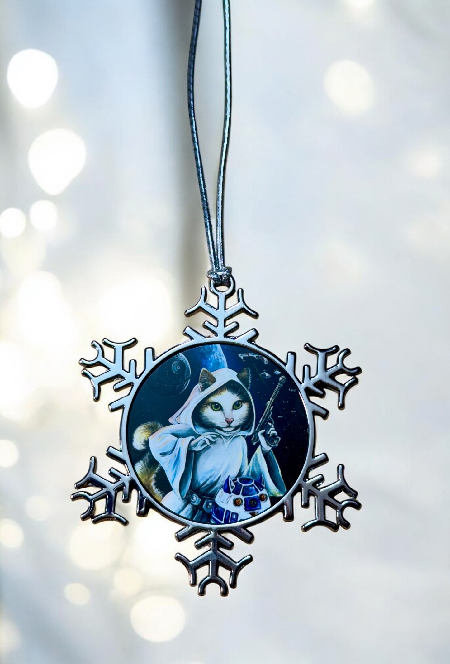 ORNAMENT 3"x 3" Silver Snowflake "Purrincess Leia" (Image on both sides)