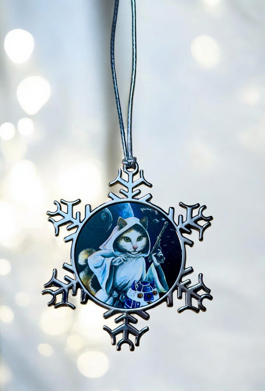 ORNAMENT 3"x 3" Silver Snowflake "Purrincess Leia" (Image on both sides)