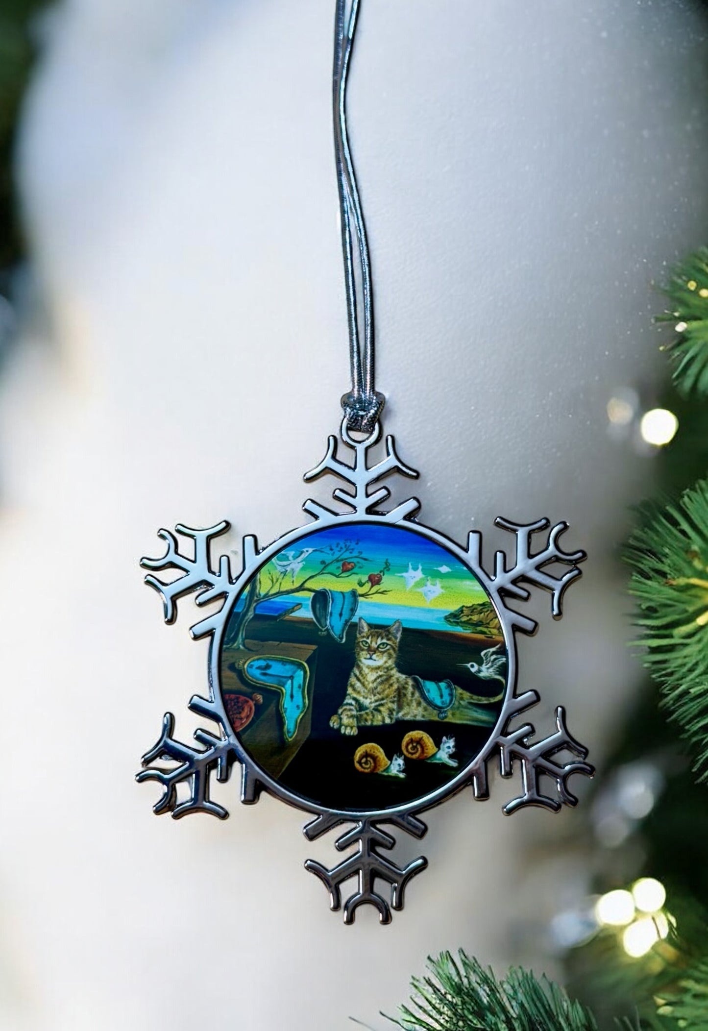 ORNAMENT 3"x 3" Silver Snowflake "The Purrfect Time" (Image on both sides)