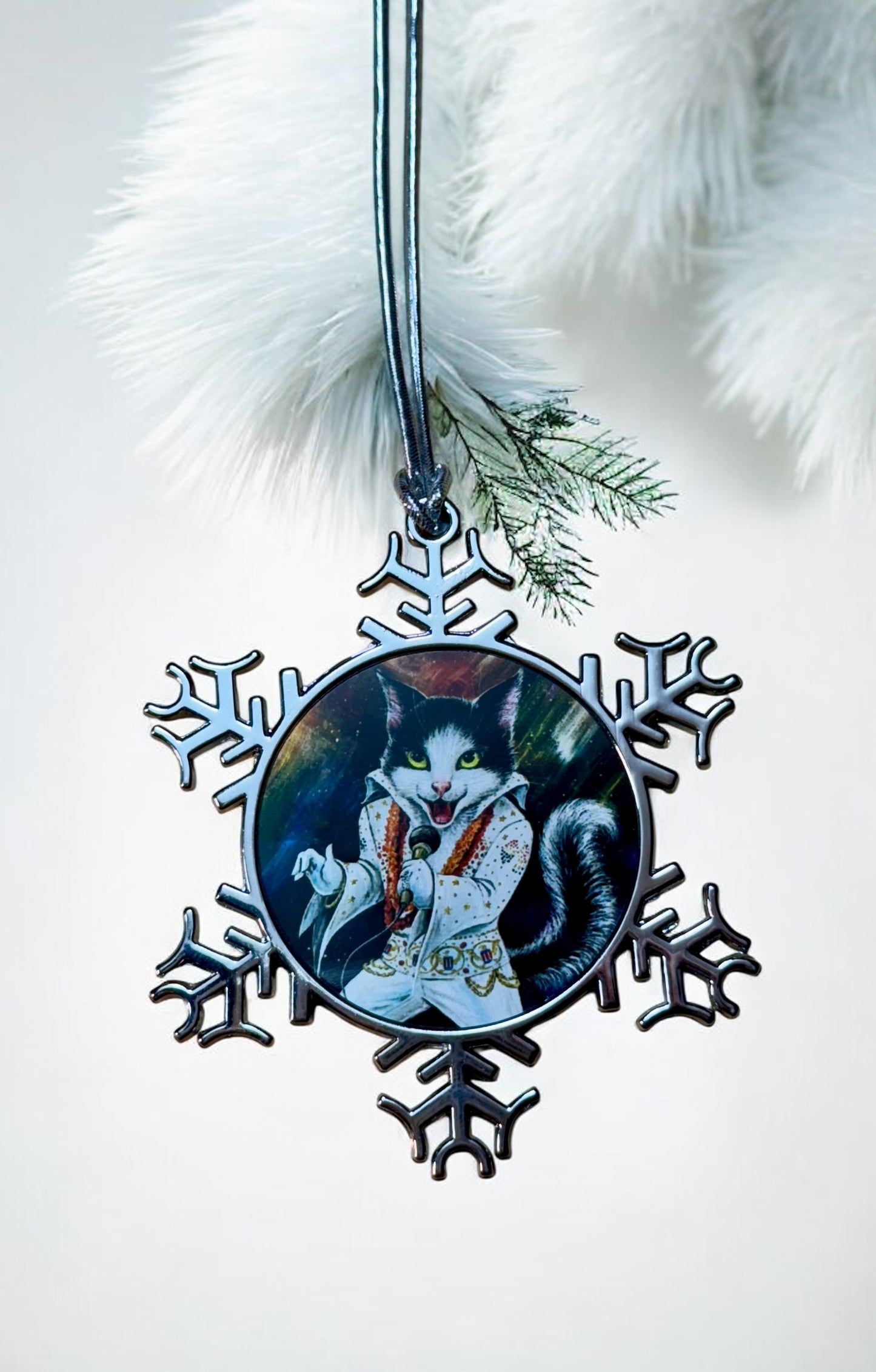ORNAMENT 3"x 3" Silver Snowflake "Elvis Purresley" (Image on both sides)