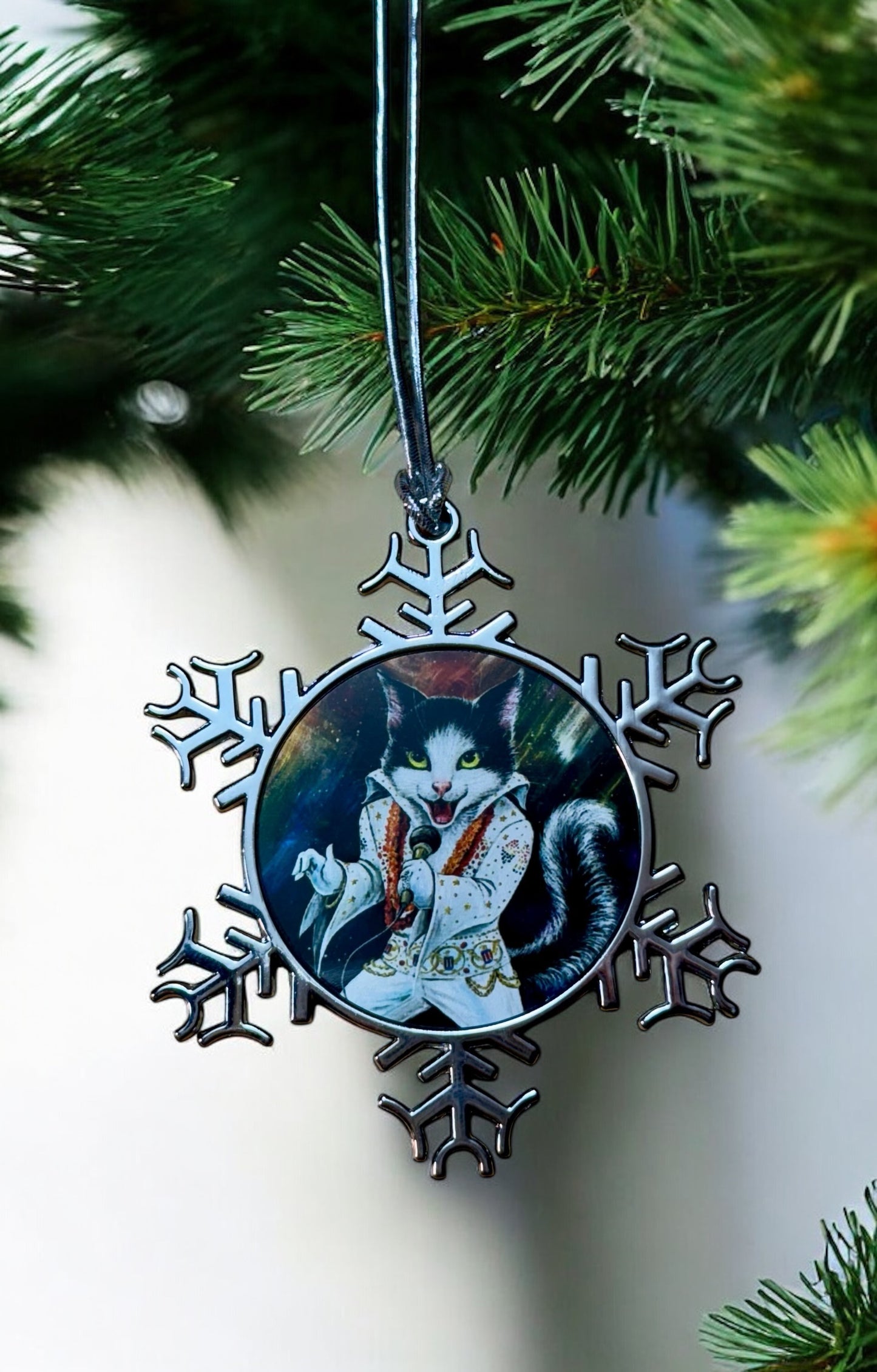 ORNAMENT 3"x 3" Silver Snowflake "Elvis Purresley" (Image on both sides)