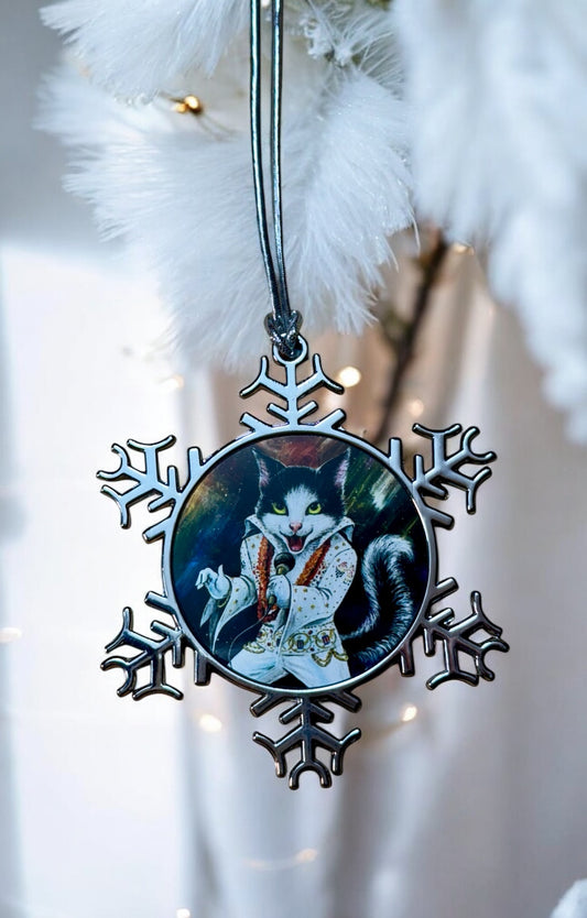 ORNAMENT 3"x 3" Silver Snowflake "Elvis Purresley" (Image on both sides)