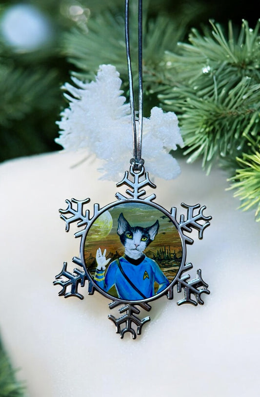 ORNAMENT 3"x 3" Silver Snowflake "Live long and Purr" (Image on both sides)