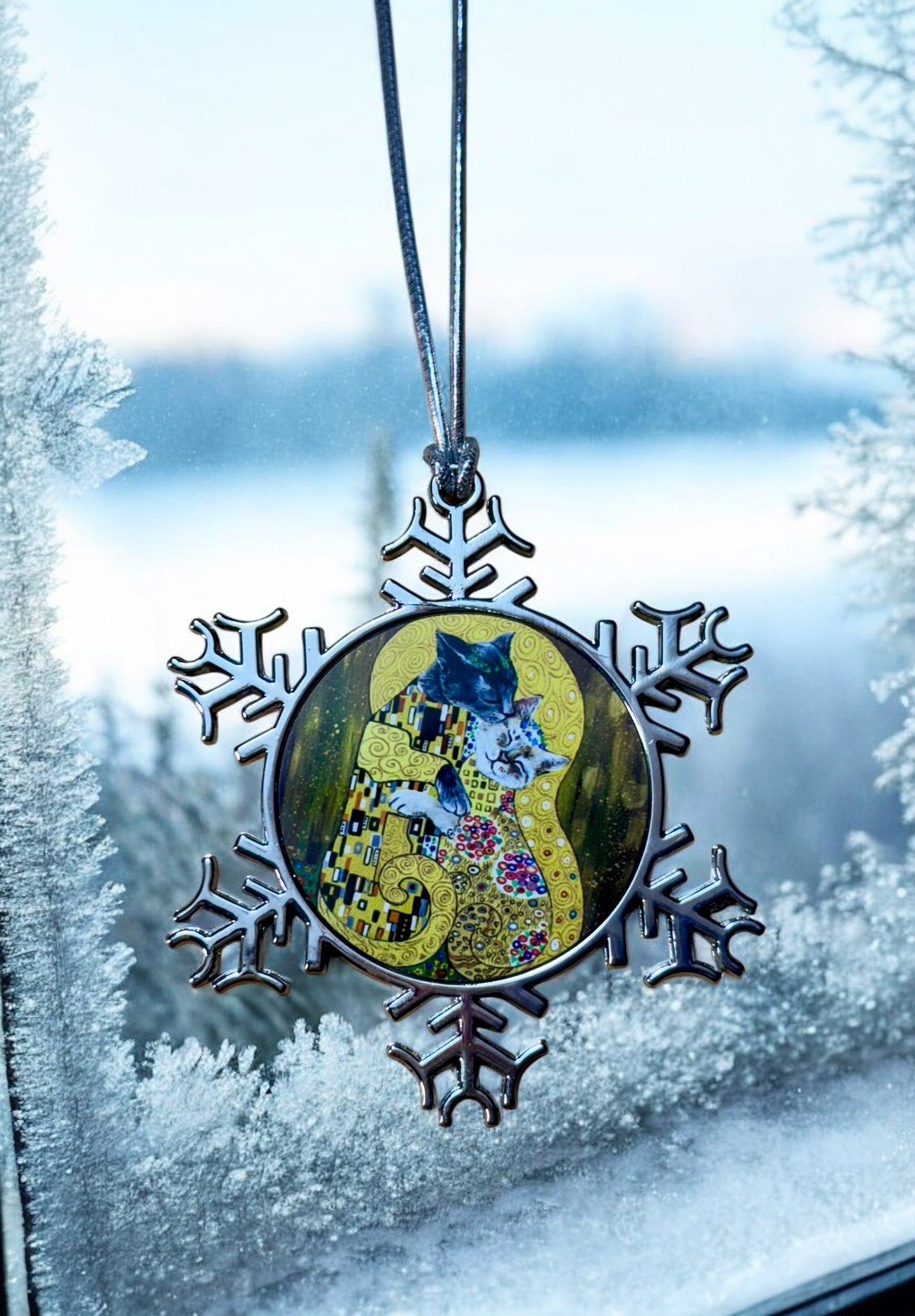 ORNAMENT 3"x 3" Silver Snowflake "The Kitty Kiss" (Image on both sides)