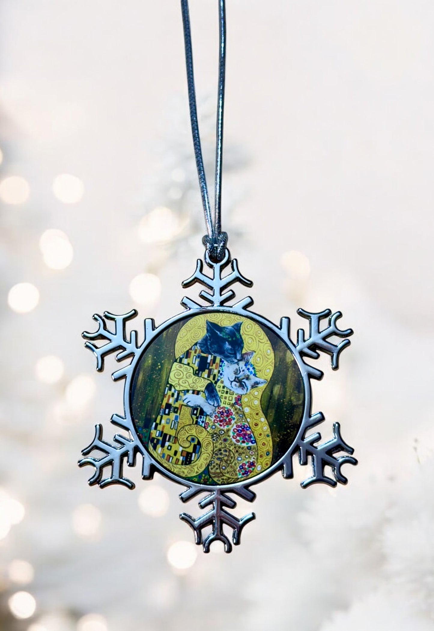 ORNAMENT 3"x 3" Silver Snowflake "The Kitty Kiss" (Image on both sides)
