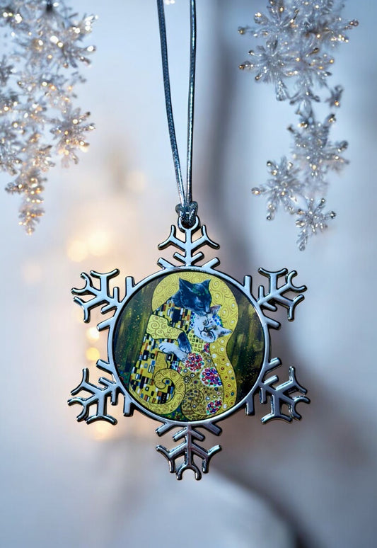 ORNAMENT 3"x 3" Silver Snowflake "The Kitty Kiss" (Image on both sides)