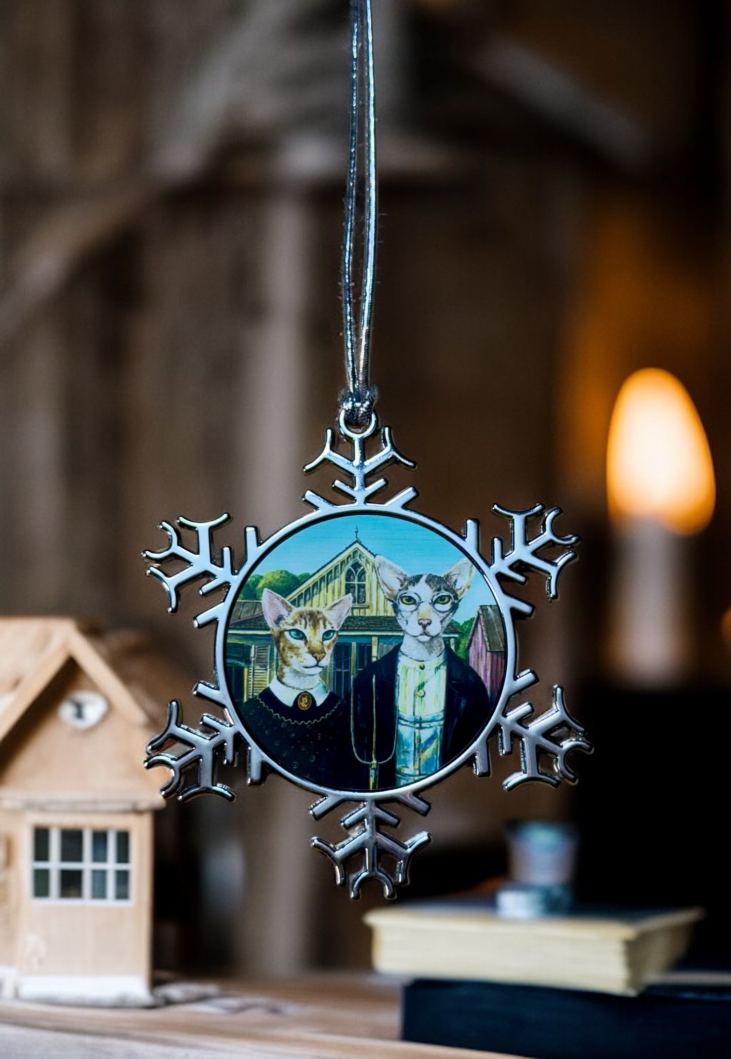 ORNAMENT 3"x 3" Silver Snowflake "AmeriCat Gothic" (Image on both sides)
