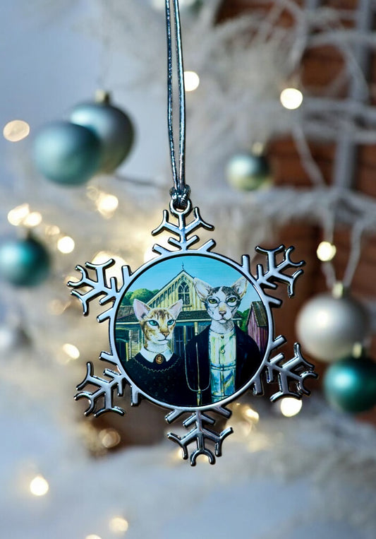 ORNAMENT 3"x 3" Silver Snowflake "AmeriCat Gothic" (Image on both sides)