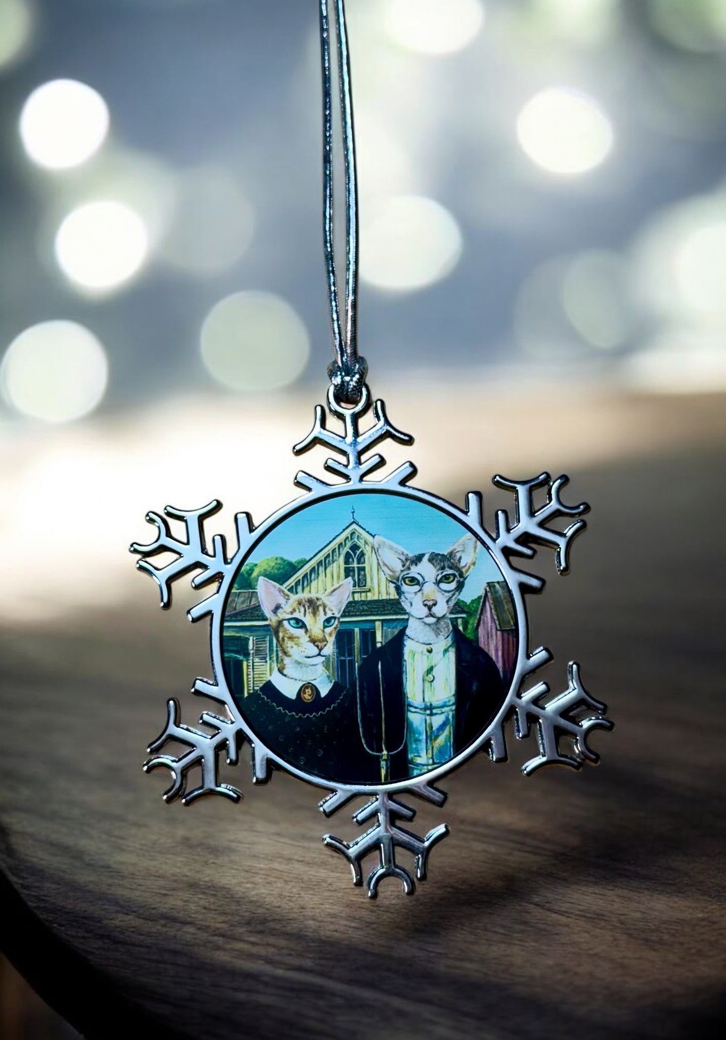 ORNAMENT 3"x 3" Silver Snowflake "AmeriCat Gothic" (Image on both sides)