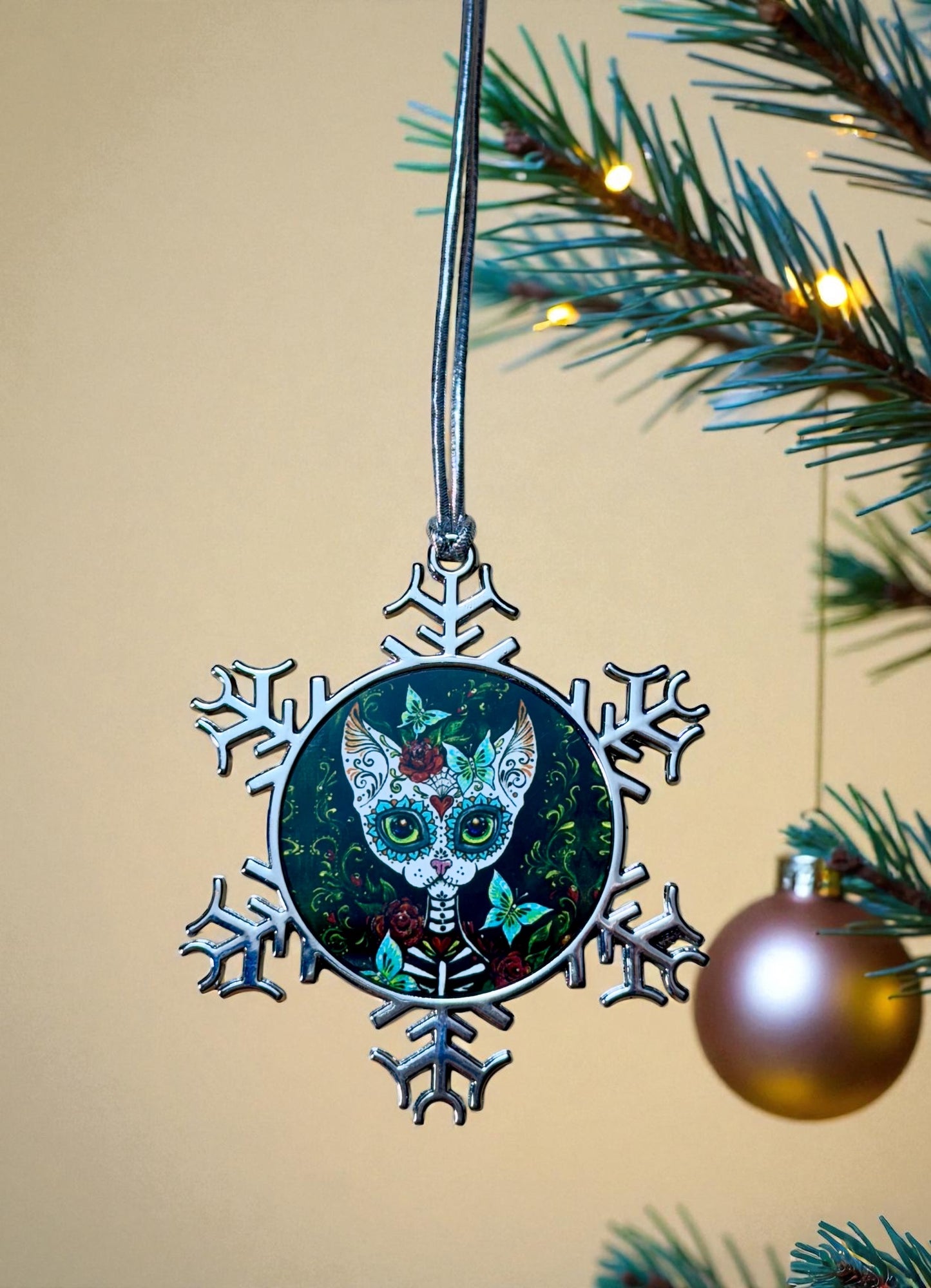ORNAMENT 3"x 3" Silver Snowflake "Sugar Kitty" (Image on both sides)