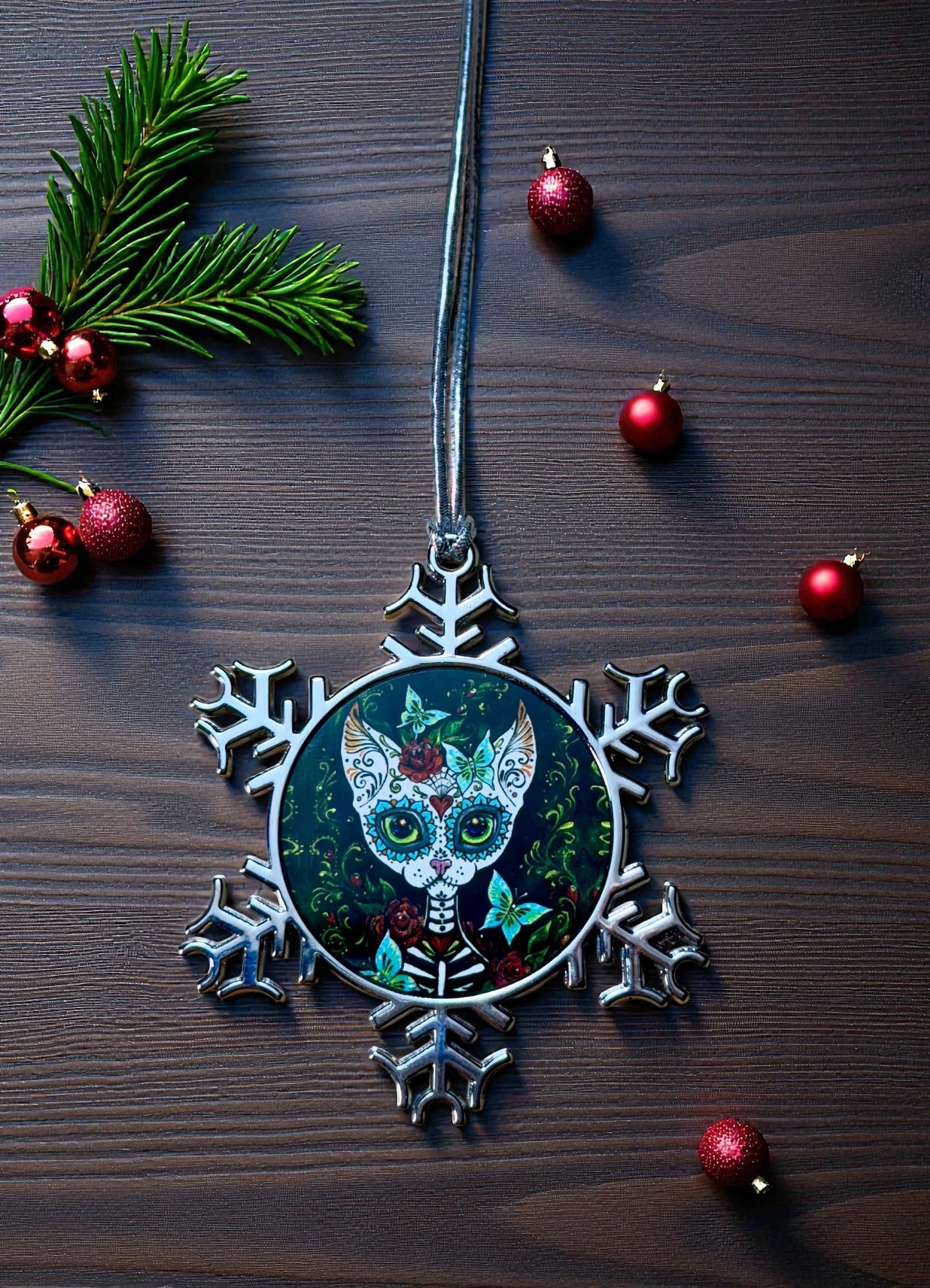 ORNAMENT 3"x 3" Silver Snowflake "Sugar Kitty" (Image on both sides)