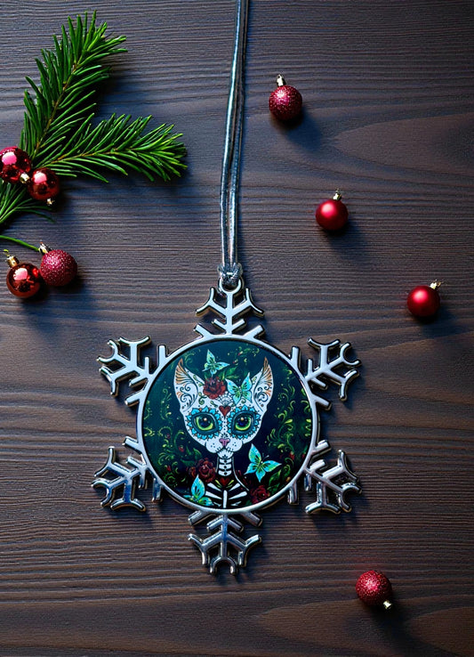 ORNAMENT 3"x 3" Silver Snowflake "Sugar Kitty" (Image on both sides)